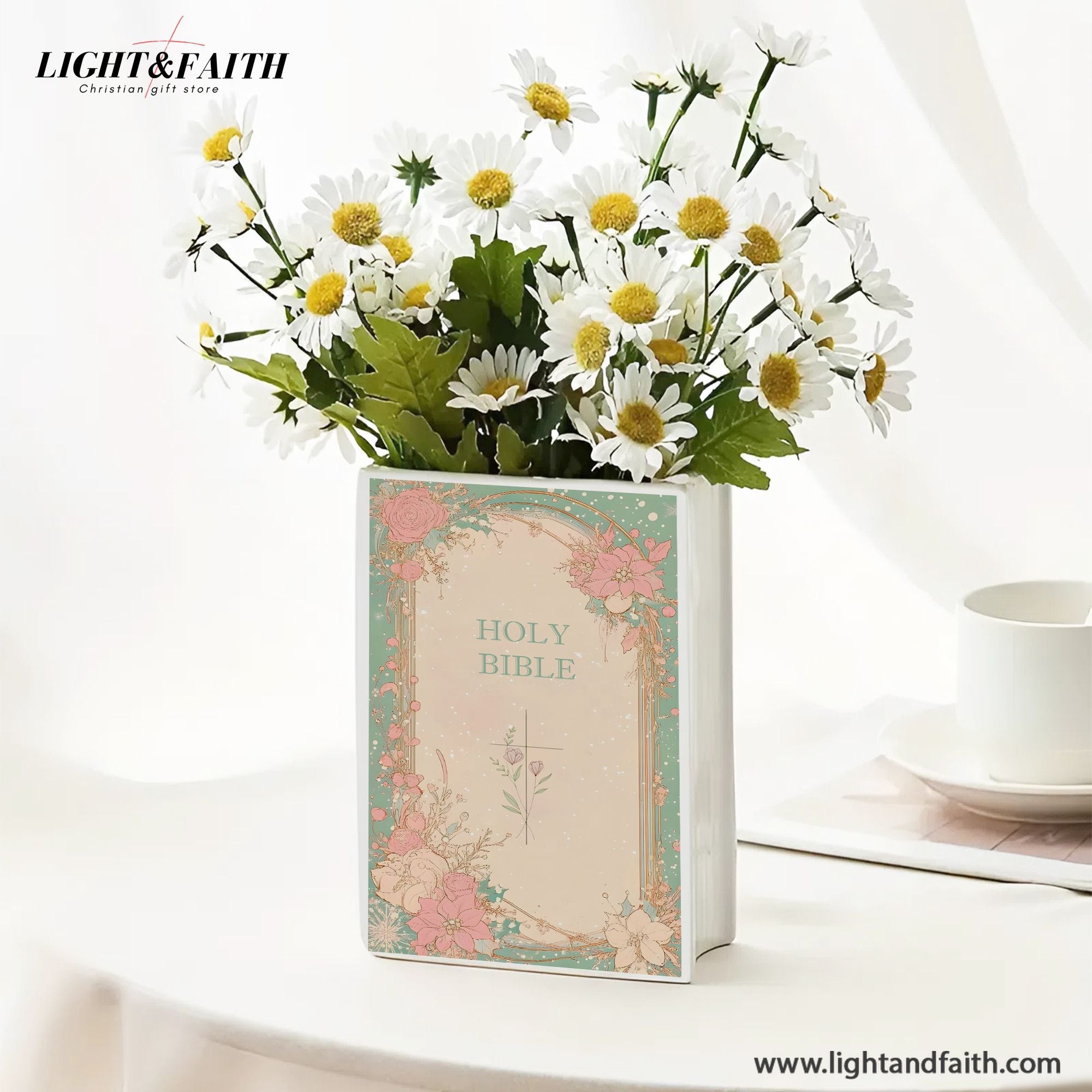 Personalized Christian Book Vase, Floral Holy Bible Ceramic Vase with Cross, Christmas Gift Decor, Easter or Baptism Decor CBLAF02